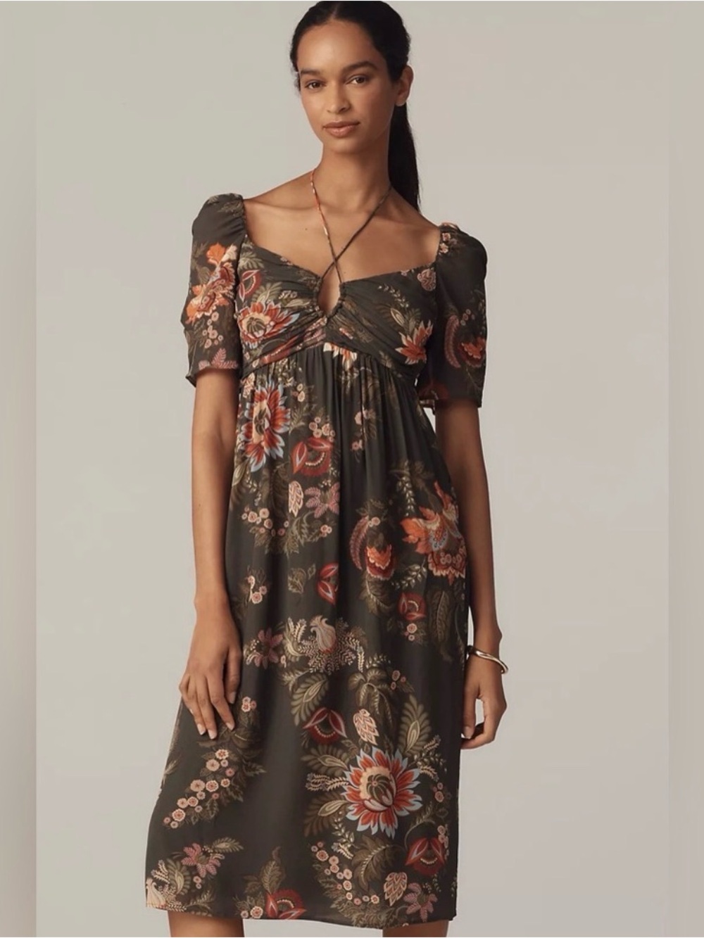 FARM Rio Olive Green Floral Midi Dress with Puff Sleeves